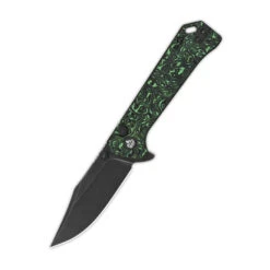 QSP Grebe Button Lock Folding Knife Green/Black Carbon Fiber Handle S35VN Clip Point Plain Black Blade QS147-G2